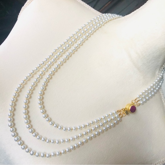 Handcrafted triple strand white Czech glass pearl genuine ruby clasp necklace